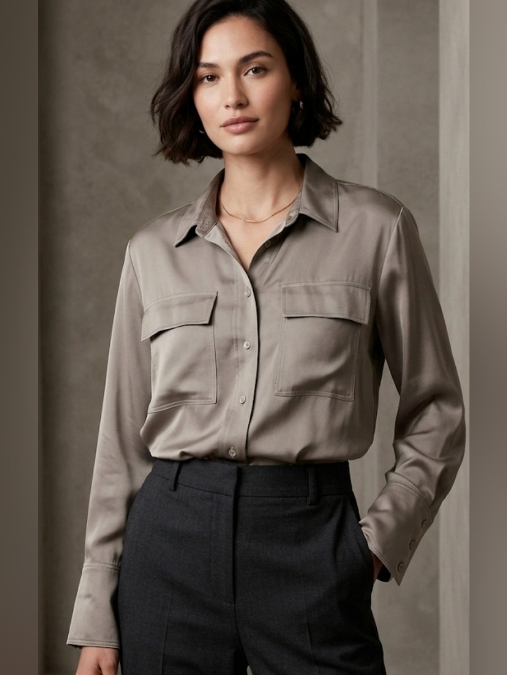 Luxurious Satin-Like Utility Blouse in Taupe/Sage Sz. L
